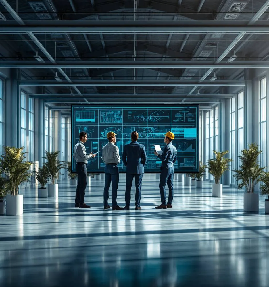 Quatre membres de l'équipe devant un grand écran de plans techniques dans un atelier