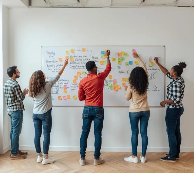 Une équipe colle des notes repositionnables sur un tableau blanc lors d'un atelier de co-construction